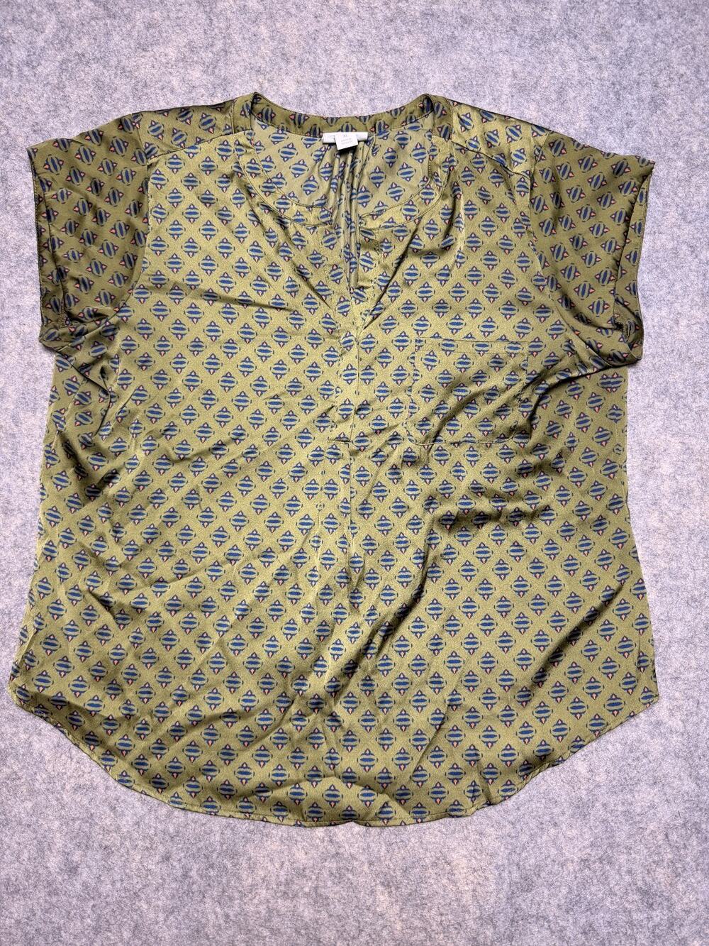 Liz Claiborne Womens Geometric Print Olive Blouse Olive XL Casual Business